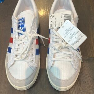 Adidas White Sneakers with Blue and Red Stripes